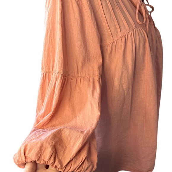 MNG Pink Peasant Blouse Size 10 Linen Blend Puff Sleeve - Picture 2 of 8